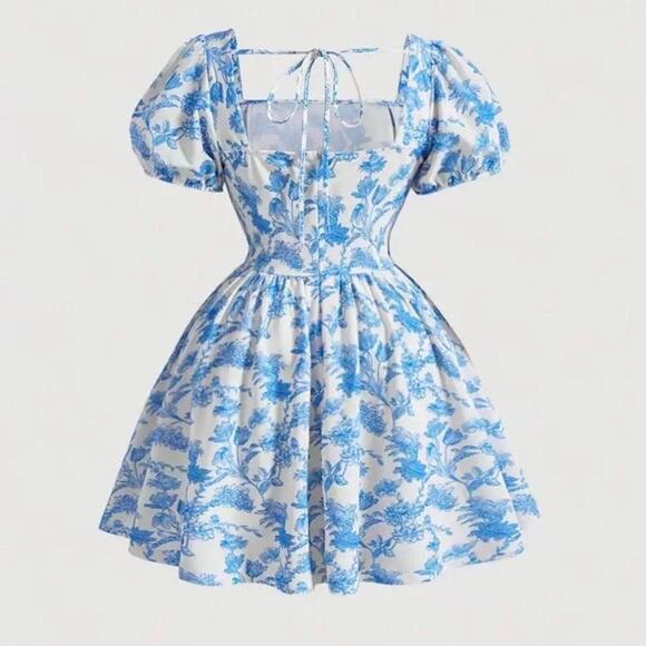 Blue Floral Puff Sleeve Cottagecore Mini Dress - Picture 2 of 6